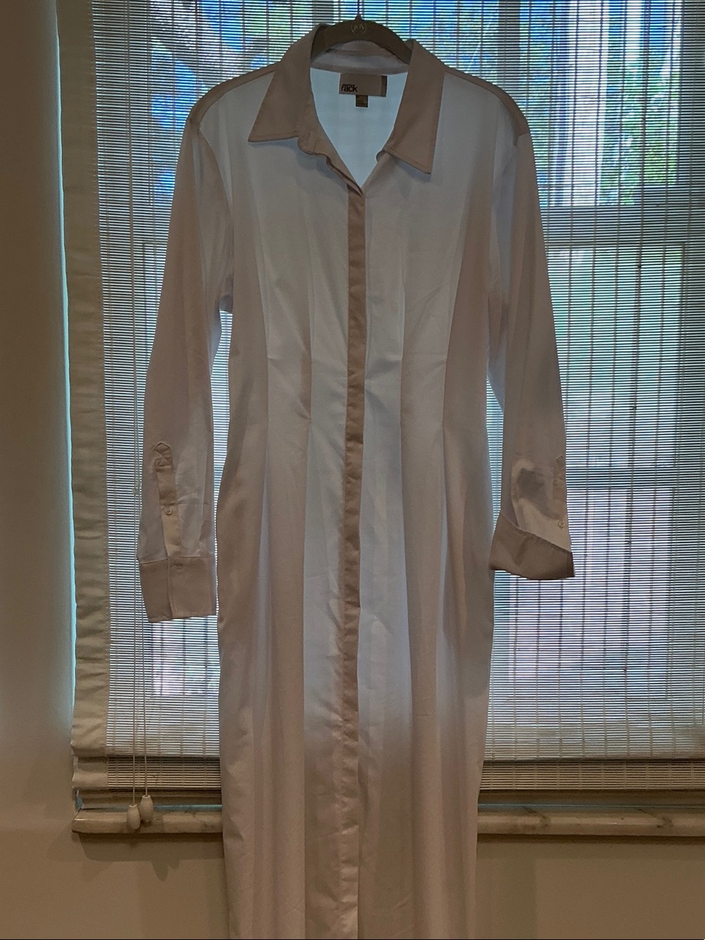 Long White Shirt Dress with Beige Contrast Trim